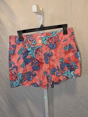 Crown & Ivy Shelby Scalloped Floral Chino Shorts Coral Pink Blue Size 4